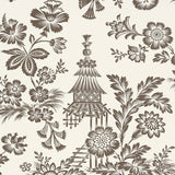 Song Garden wallpaper in cocoa, a chic graphic flower-and-pagoda pattern inspired by an 18th-century French document, by Schumacher.