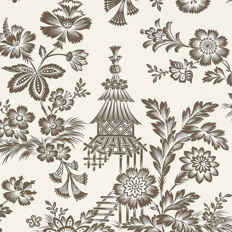 Song Garden wallpaper in cocoa, a chic graphic flower-and-pagoda pattern inspired by an 18th-century French document, by Schumacher.
