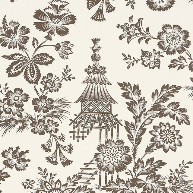 Song Garden wallpaper in cocoa, a chic graphic flower-and-pagoda pattern inspired by an 18th-century French document, by Schumacher.