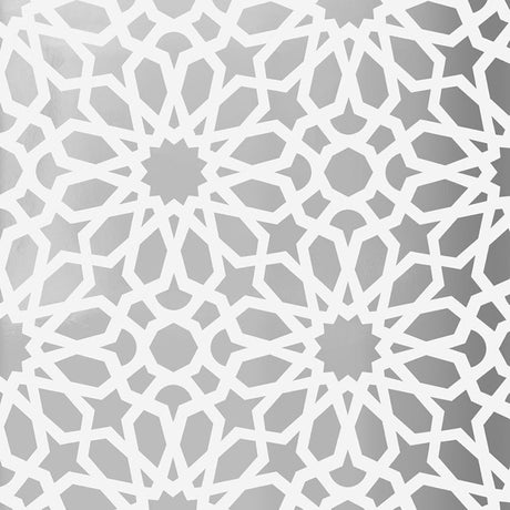 Agadir Screen Mylar wallpaper in Moon by Schumacher, geometric floral pattern with a dazzling kaleidoscopic effect.