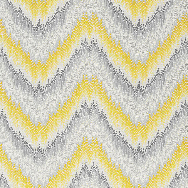 PETIT FEU wallpaper in Cadmium from Schumacher's Print Happy collection, featuring a bold yellow and grey chevron pattern.