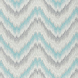 PETIT FEU wallpaper in Cyprus by Schumacher, featuring a chevron zigzag pattern in blue, grey, and white tones.