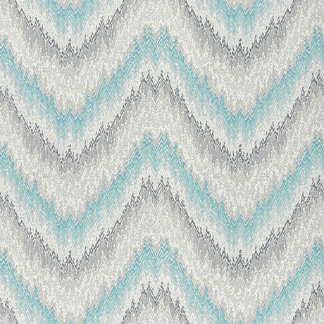 PETIT FEU wallpaper in Cyprus by Schumacher, featuring a chevron zigzag pattern in blue, grey, and white tones.
