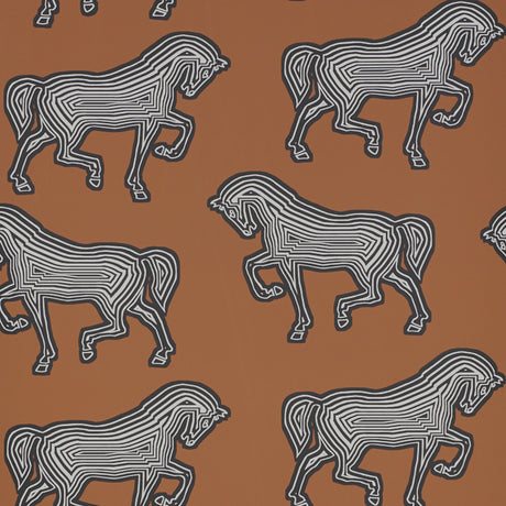Schumacher Faubourg wallpaper in brown with bold graphic horses, shown in styled interior and close-up views.