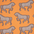 FAUBOURG wallpaper in orange by Schumacher featuring a bold, graphic horse pattern on a vibrant background, shown in a styled interior and close-up views.