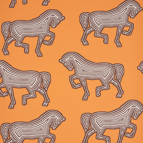 FAUBOURG wallpaper in orange by Schumacher featuring a bold, graphic horse pattern on a vibrant background, shown in a styled interior and close-up views.
