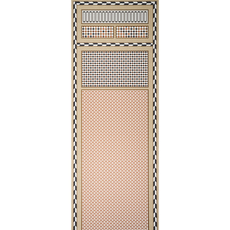 ROBINCHON PANEL A wallpaper panel in brown geometric and mosaic pattern from Schumacher's CLUB CAVALIER collection, shown in a modern interior setting.