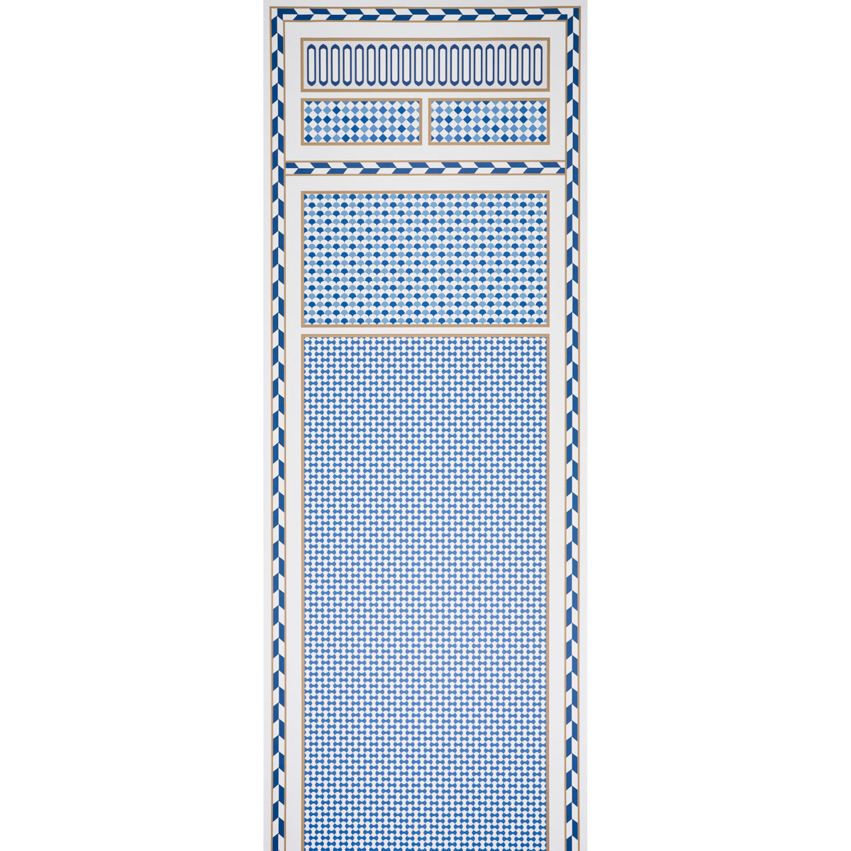 ROBINCHON PANEL A wallpaper in blue geometric and border design from Schumacher's CLUB CAVALIER collection, shown as a decorative wall panel and in room setting.