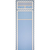 ROBINCHON PANEL A wallpaper in blue geometric and border design from Schumacher's CLUB CAVALIER collection, shown as a decorative wall panel and in room setting.