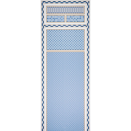 ROBINCHON PANEL A wallpaper in blue geometric and border design from Schumacher's CLUB CAVALIER collection, shown as a decorative wall panel and in room setting.
