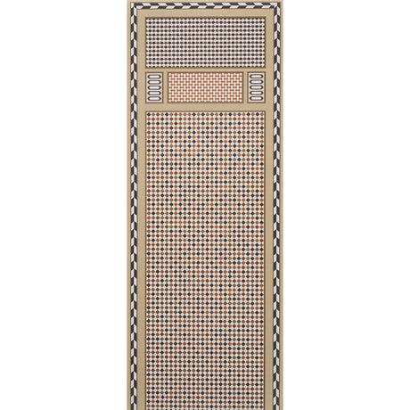 ROBINCHON PANEL B wallpaper panel in brown geometric pattern from Schumacher's CLUB CAVALIER collection, shown in a modern interior setting.