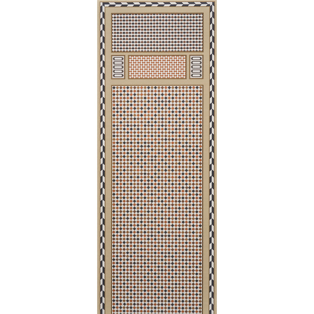 ROBINCHON PANEL B wallpaper panel in brown geometric pattern from Schumacher's CLUB CAVALIER collection, shown in a modern interior setting.