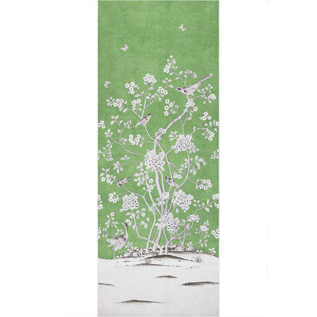 Chinois Palais Panel wallpaper in Lettuce by Mary McDonald for Schumacher, featuring exotic birds and cherry blossoms on a green background.