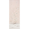 Chinois Palais Panel wallpaper in Blush Conch by Mary McDonald for Schumacher, featuring exotic birds and cherry blossoms on a soft pink background.