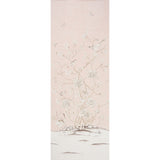 Chinois Palais Panel wallpaper in Blush Conch by Mary McDonald for Schumacher, featuring exotic birds and cherry blossoms on a soft pink background.