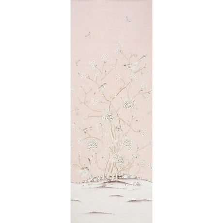 Chinois Palais Panel wallpaper in Blush Conch by Mary McDonald for Schumacher, featuring exotic birds and cherry blossoms on a soft pink background.