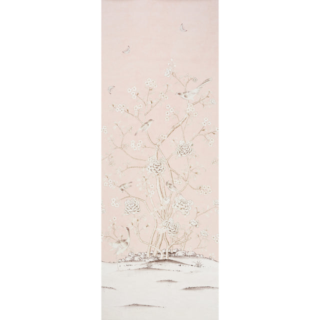 Chinois Palais Panel wallpaper in Blush Conch by Mary McDonald for Schumacher, featuring exotic birds and cherry blossoms on a soft pink background.