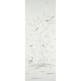 Chinois Palais Panel wallpaper in neutral by Schumacher, featuring exotic birds and cherry blossoms in a Chinoiserie style.