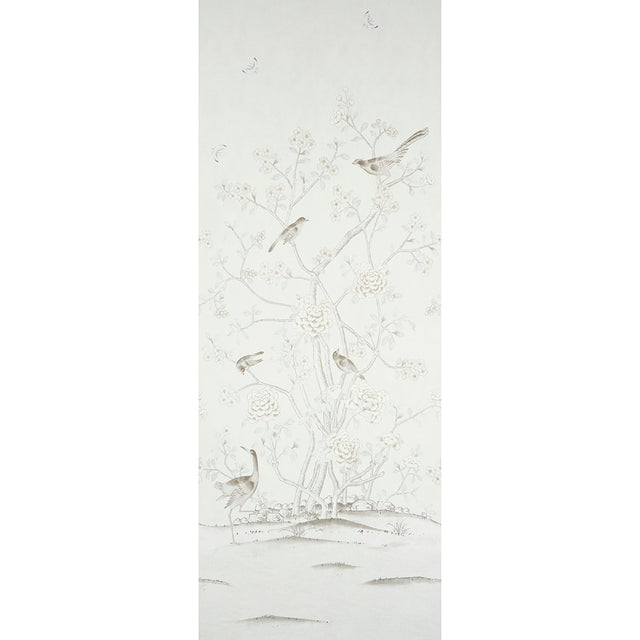 Chinois Palais Panel wallpaper in neutral by Schumacher, featuring exotic birds and cherry blossoms in a Chinoiserie style.