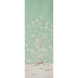 Chinois Palais Panel wallpaper in aquamarine with Chinoiserie floral and bird design by Schumacher, styled in bedroom and dining room settings.