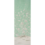 Chinois Palais Panel wallpaper in aquamarine with Chinoiserie floral and bird design by Schumacher, styled in bedroom and dining room settings.