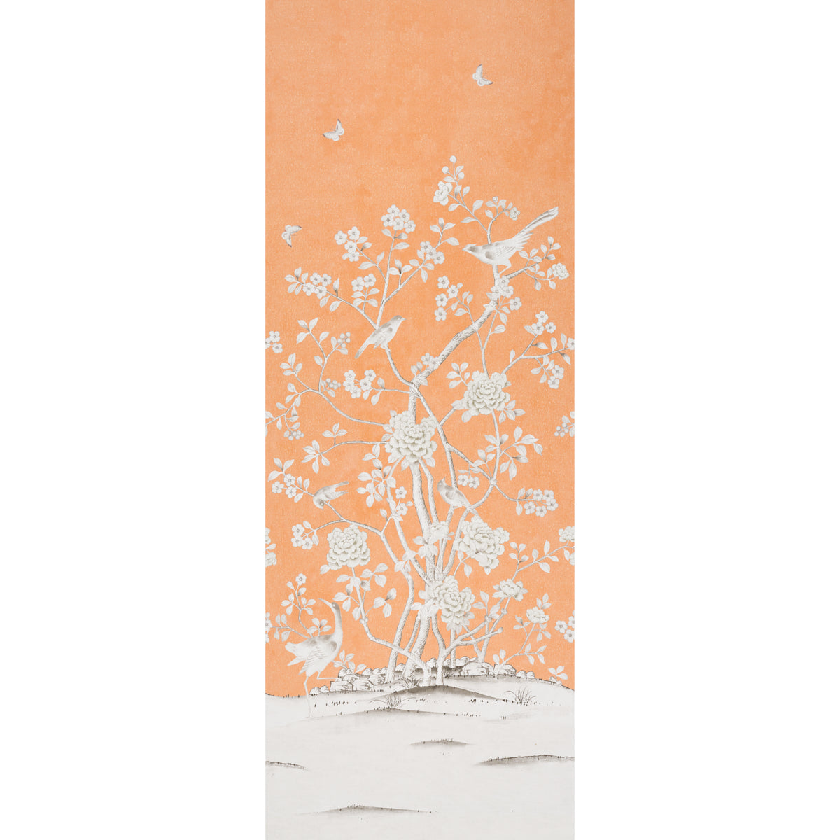 Chinois Palais Panel wallpaper in tangerine by Mary McDonald for Schumacher, featuring exotic birds and cherry blossoms on an orange background.