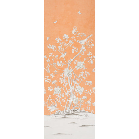Chinois Palais Panel wallpaper in tangerine by Mary McDonald for Schumacher, featuring exotic birds and cherry blossoms on an orange background.