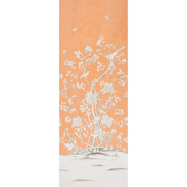 Chinois Palais Panel wallpaper in tangerine by Mary McDonald for Schumacher, featuring exotic birds and cherry blossoms on an orange background.