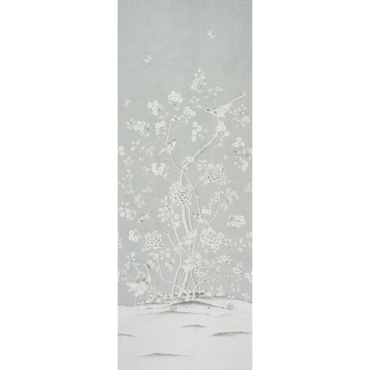 Chinois Palais Panel wallpaper in Grisaille by Mary McDonald for Schumacher, featuring exotic birds and cherry blossoms in a soft grey palette.