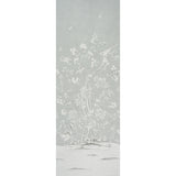 Chinois Palais Panel wallpaper in Grisaille by Mary McDonald for Schumacher, featuring exotic birds and cherry blossoms in a soft grey palette.