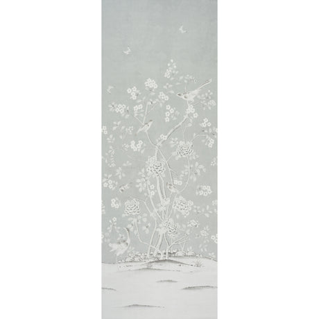 Chinois Palais Panel wallpaper in Grisaille by Mary McDonald for Schumacher, featuring exotic birds and cherry blossoms in a soft grey palette.