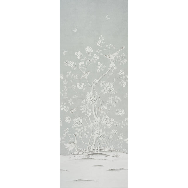 Chinois Palais Panel wallpaper in Grisaille by Mary McDonald for Schumacher, featuring exotic birds and cherry blossoms in a soft grey palette.