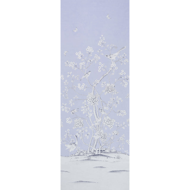 Chinois Palais Panel wallpaper in lavender by Mary McDonald for Schumacher, featuring exotic birds and cherry blossoms in a Chinoiserie style.