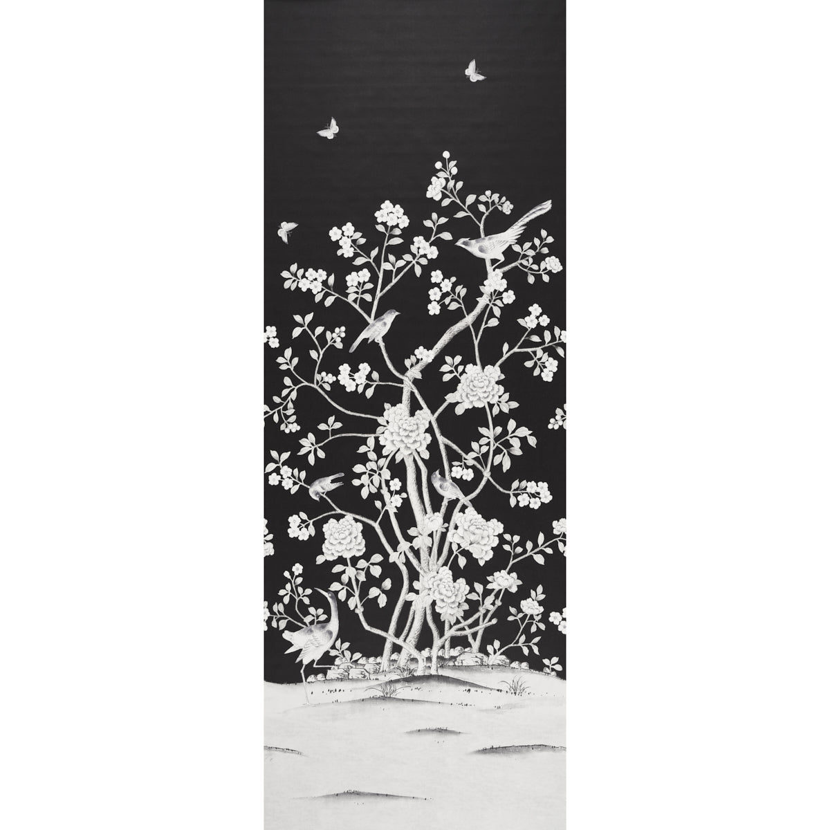 Chinois Palais Panel wallpaper in noir by Mary McDonald for Schumacher, featuring exotic birds and cherry blossoms on a black background.