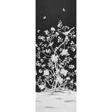 Chinois Palais Panel wallpaper in noir by Mary McDonald for Schumacher, featuring exotic birds and cherry blossoms on a black background.