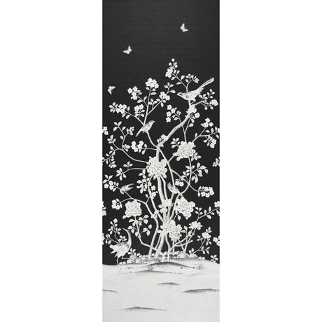 Chinois Palais Panel wallpaper in noir by Mary McDonald for Schumacher, featuring exotic birds and cherry blossoms on a black background.