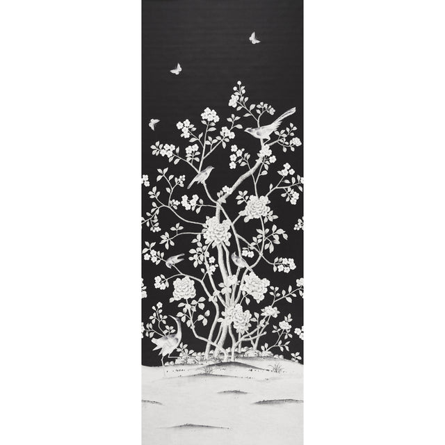 Chinois Palais Panel wallpaper in noir by Mary McDonald for Schumacher, featuring exotic birds and cherry blossoms on a black background.