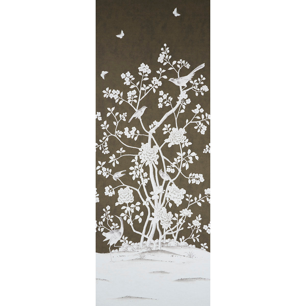 Chinois Palais Panel wallpaper in chocolate by Mary McDonald for Schumacher, featuring exotic birds and cherry blossoms on a dark background.