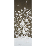 Chinois Palais Panel wallpaper in chocolate by Mary McDonald for Schumacher, featuring exotic birds and cherry blossoms on a dark background.