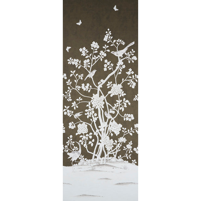 Chinois Palais Panel wallpaper in chocolate by Mary McDonald for Schumacher, featuring exotic birds and cherry blossoms on a dark background.