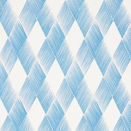 Fetlock blue diamond geometric wallpaper from Schumacher's Club Cavalier collection, shown in a modern interior setting.
