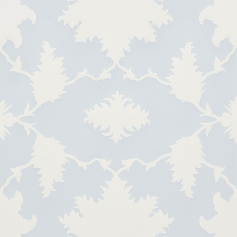 Garden of Persia Mineral by Mary McDonald for Schumacher. Large-scale Persian-inspired floral wallpaper in soft blue and white.