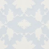 Garden of Persia Mineral by Mary McDonald for Schumacher. Large-scale Persian-inspired floral wallpaper in soft blue and white.
