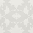 Garden of Persia Quartz wallpaper by Mary McDonald for Schumacher, large-scale Persian-inspired floral damask in white and soft grey, shown in a dining room setting.