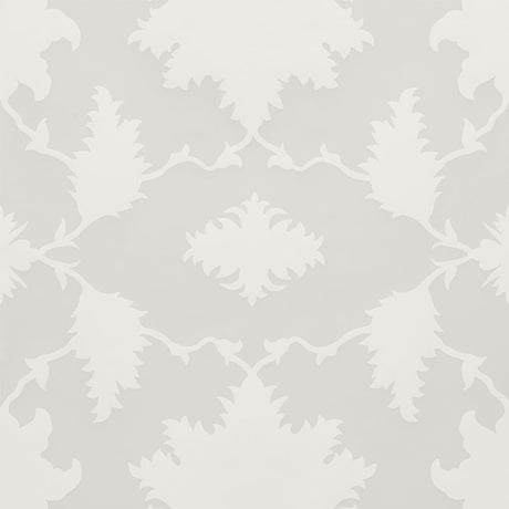 Garden of Persia Quartz wallpaper by Mary McDonald for Schumacher, large-scale Persian-inspired floral damask in white and soft grey, shown in a dining room setting.