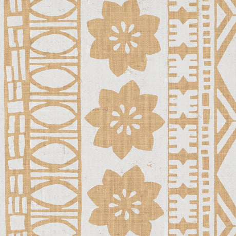 Mrs. Howell wallpaper in Palm by Schumacher, featuring a graphic South Pacific motif in a textured grasscloth style.