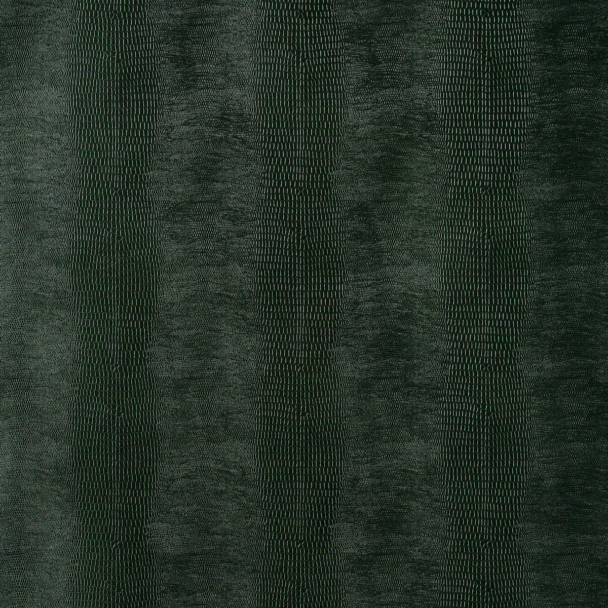 Komodo Forest Green embossed faux lizard wallpaper by Schumacher, shown in close-up and installed in a bathroom setting.