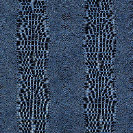 Komodo Prussian blue faux embossed wallpaper by Schumacher shown in a bathroom interior and close-up texture view.