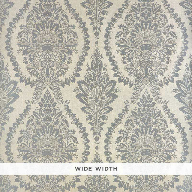 Incandescence Damask wallpaper in Burnished Silver, wide width, dramatic overscale damask pattern by Schumacher.