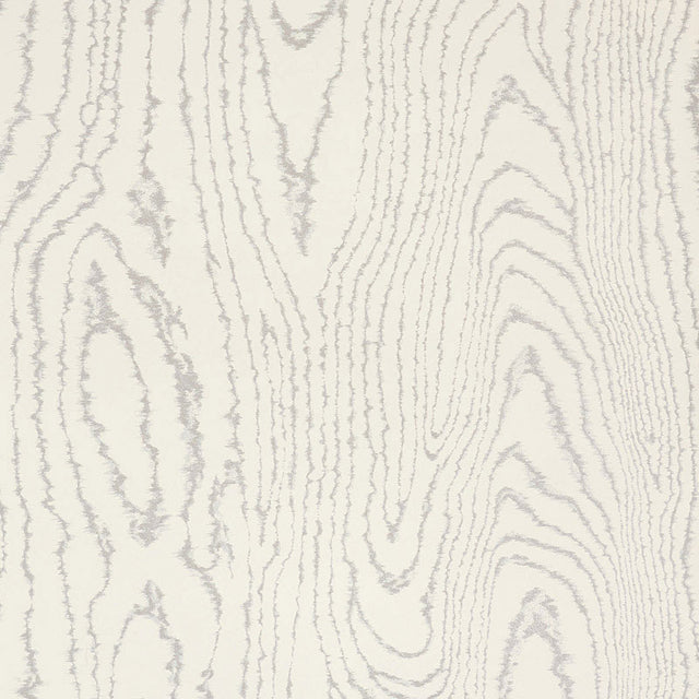 Faux Bois Silver Moon wallpaper by Schumacher shown in a modern dining room and as a close-up of the wood grain pattern.